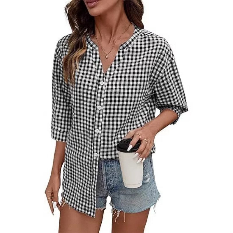 Loose-Fit Plaid Button-Down Top for Women