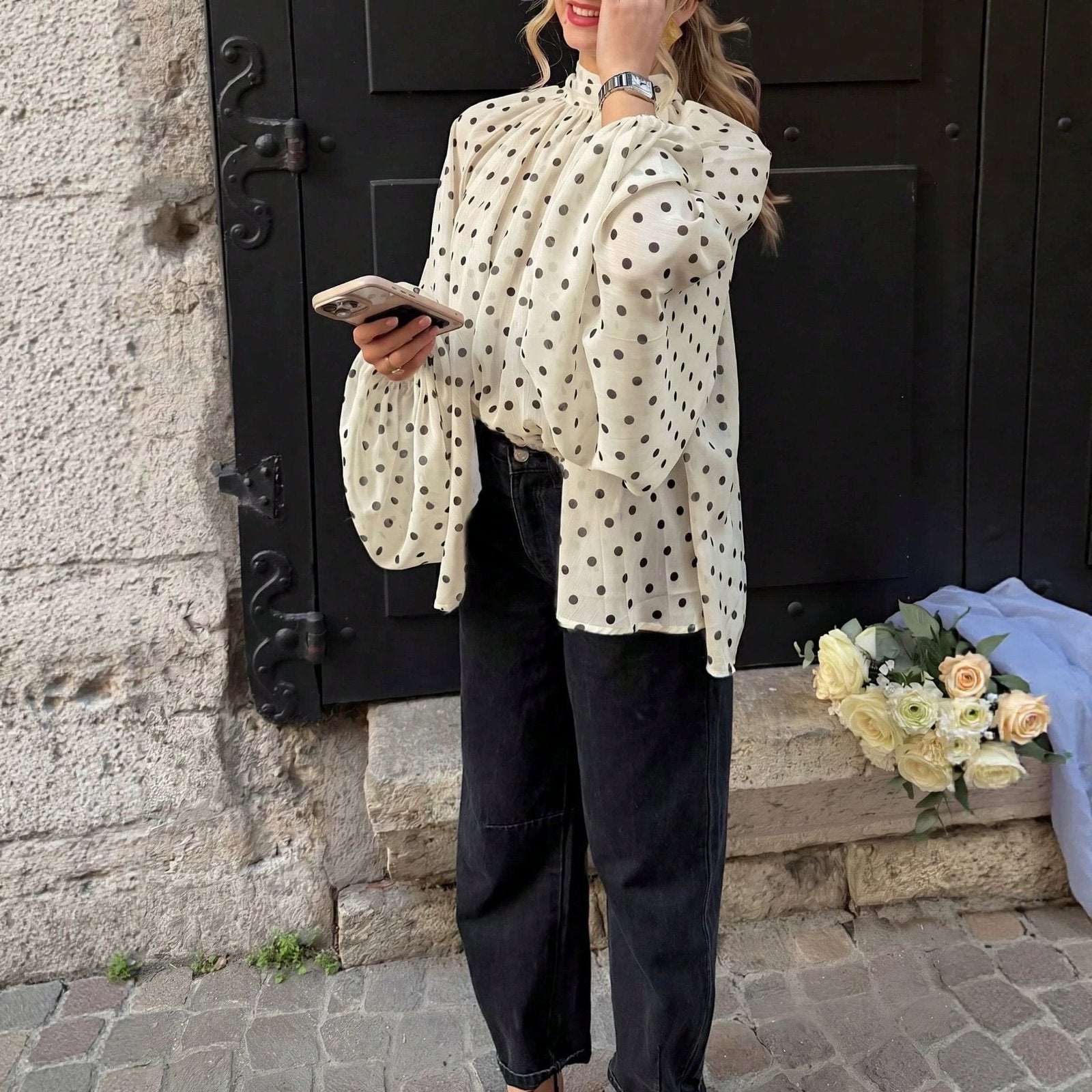 Polka Dot Retro Long Sleeve Loose Fit Shirt
