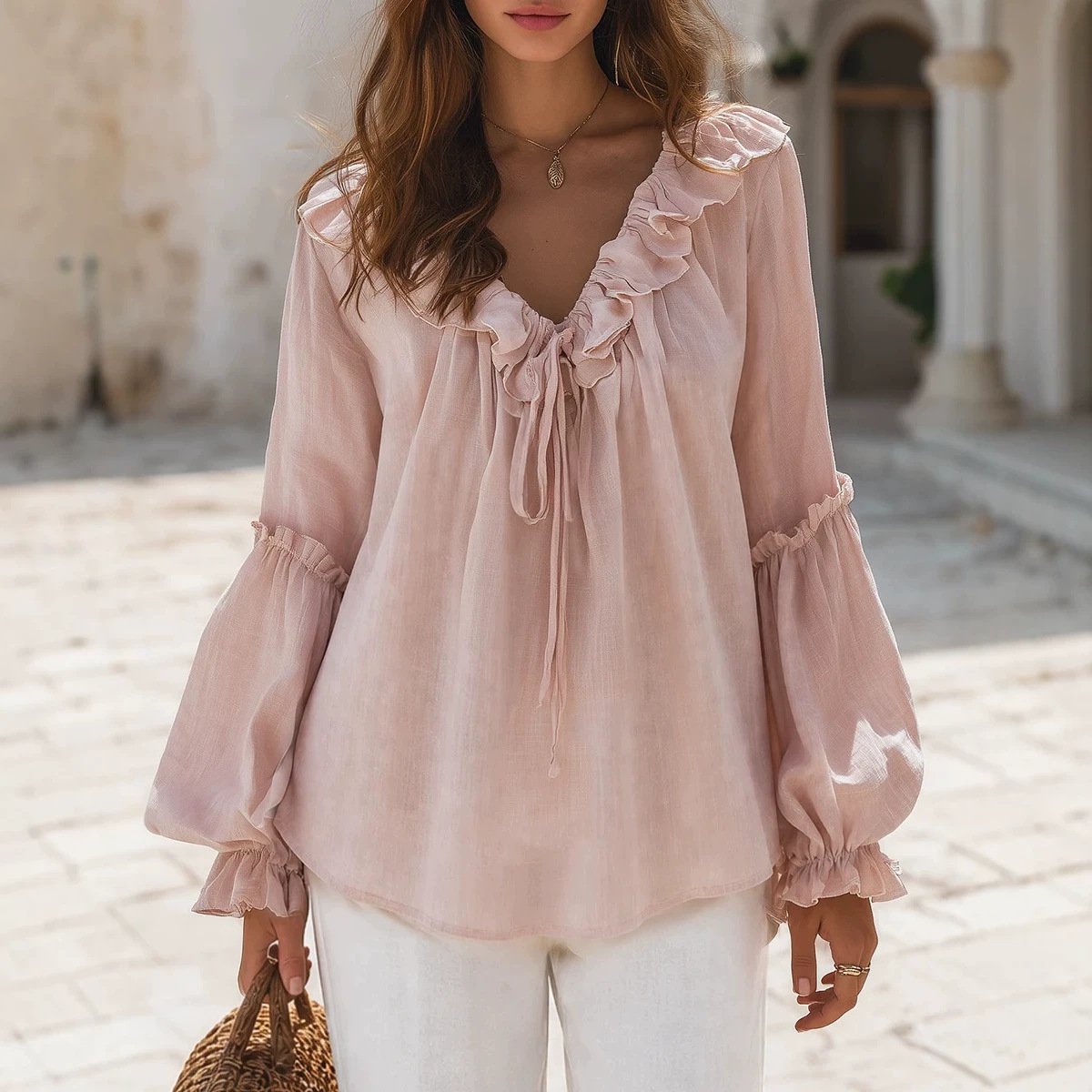 Ruffled V-Neck Top with Flattering Sleeves