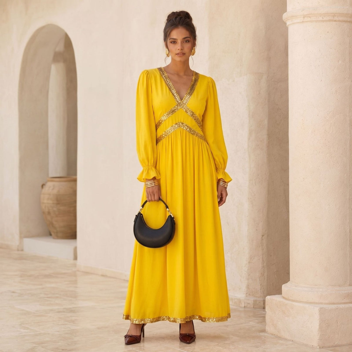 French-elegant V-neck Long-sleeve Dress for Women