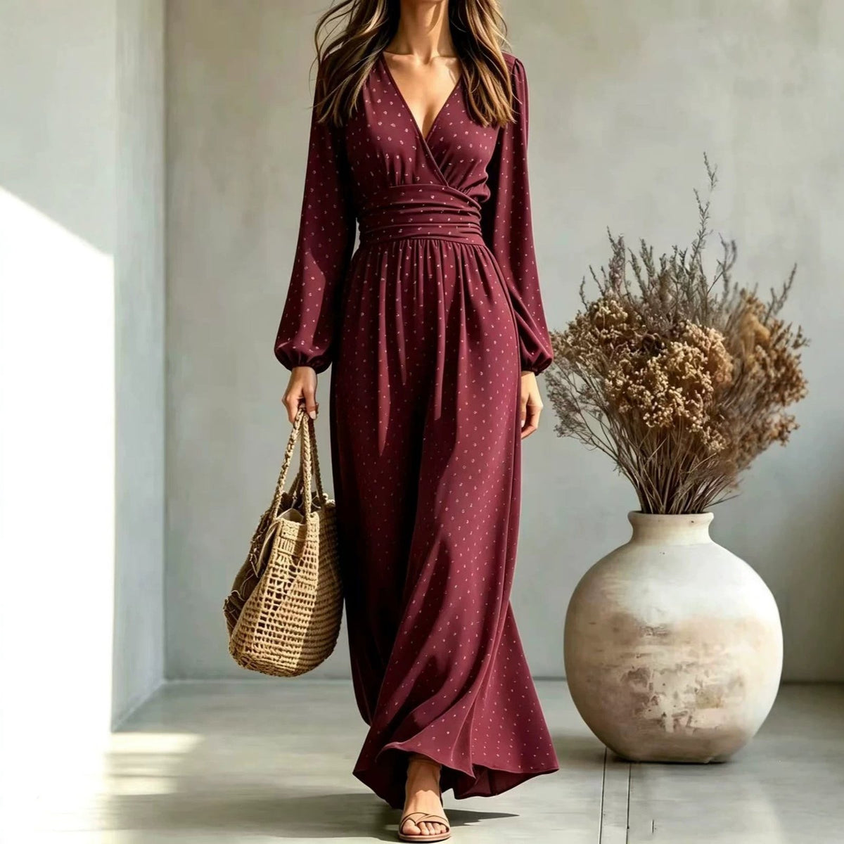 New V-neck Lantern-sleeve Printed Long-sleeved Waist-defined Elegant Slimming Dress