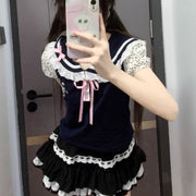 Cute Black Lace Puff Sleeve T-Shirt for Women
