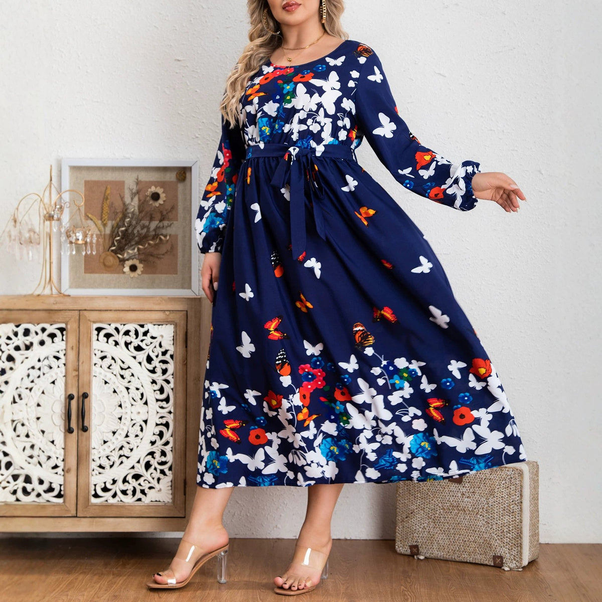 Plus-size Women's Butterfly-print Dress