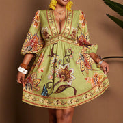 Plus-size Womens Resort-style Printed Waist-cinching Short Dress