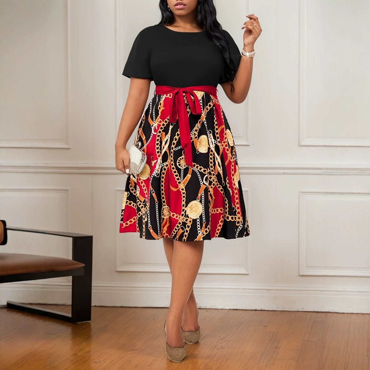 Contrast-color Patchwork Printed Waist-cinching Dress