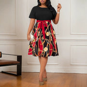 Contrast-color Patchwork Printed Waist-cinching Dress