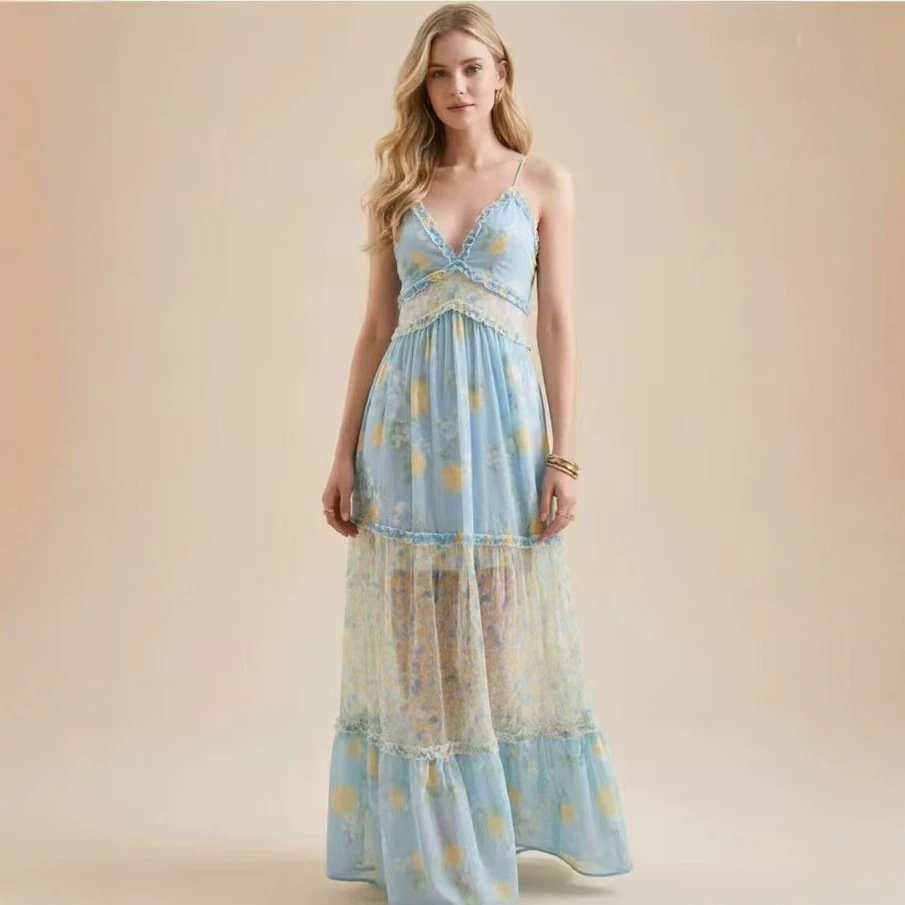 Strap V-neck Floral Ruffled Chiffon Dress