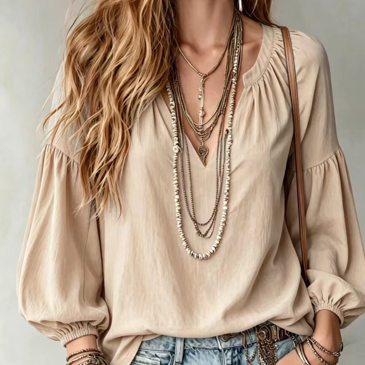 Women's Loose-Fit Long-Sleeve V-Neck Shirt