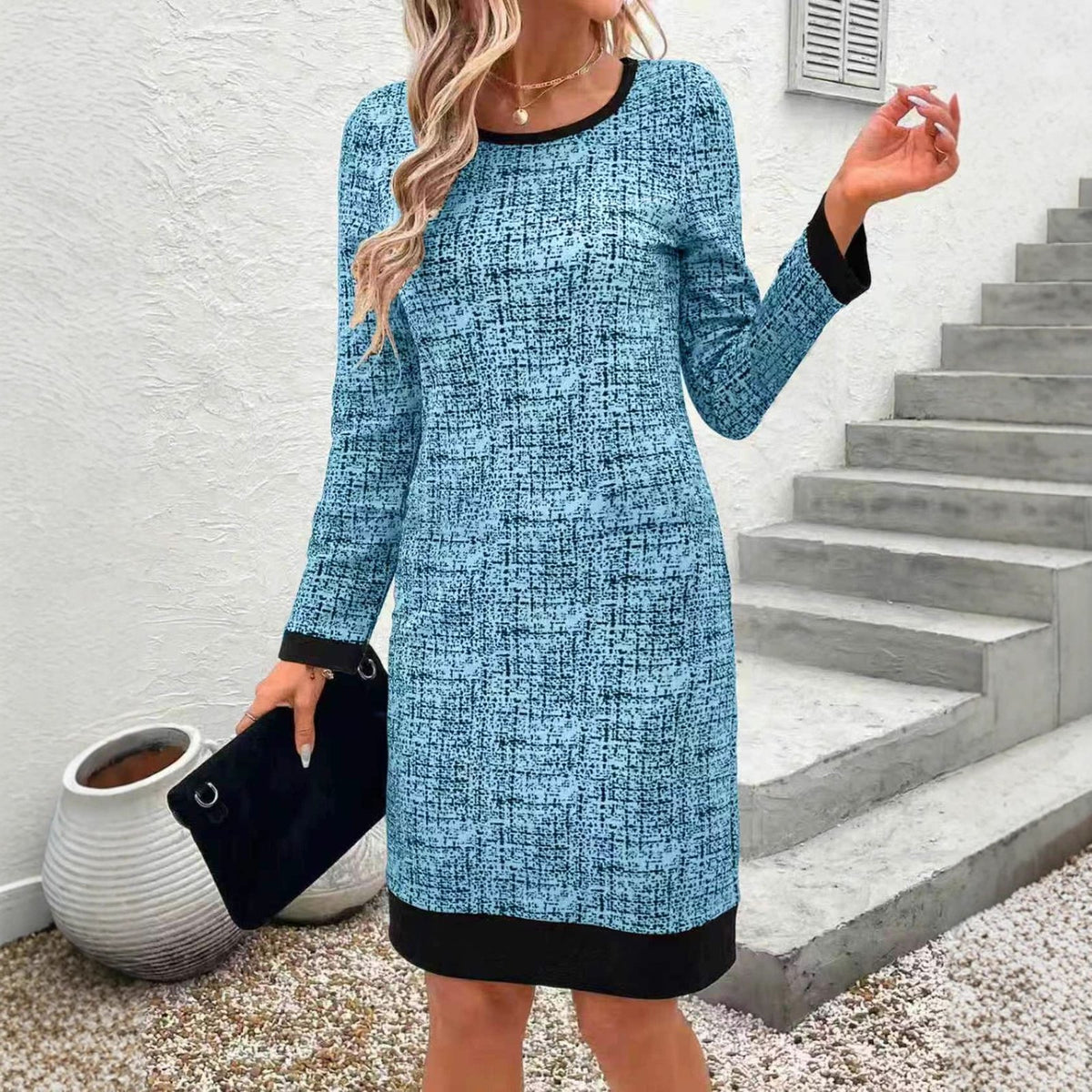 European and American-style Color-block Crew-neck Elegant and Chic Long-sleeve Womens Dress