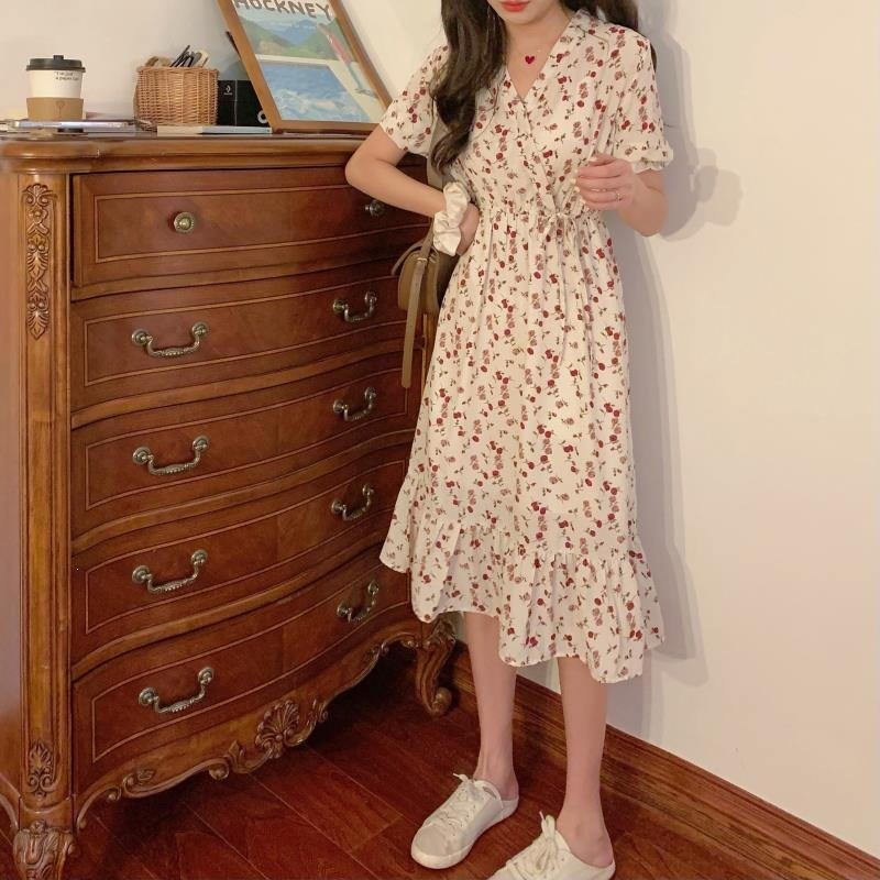 Womens Cinched-waist Floral Chiffon Dress