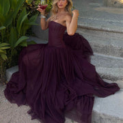 Womens Solid-color Strapless Waist-cinching Floor-length French-style Tulle Gown