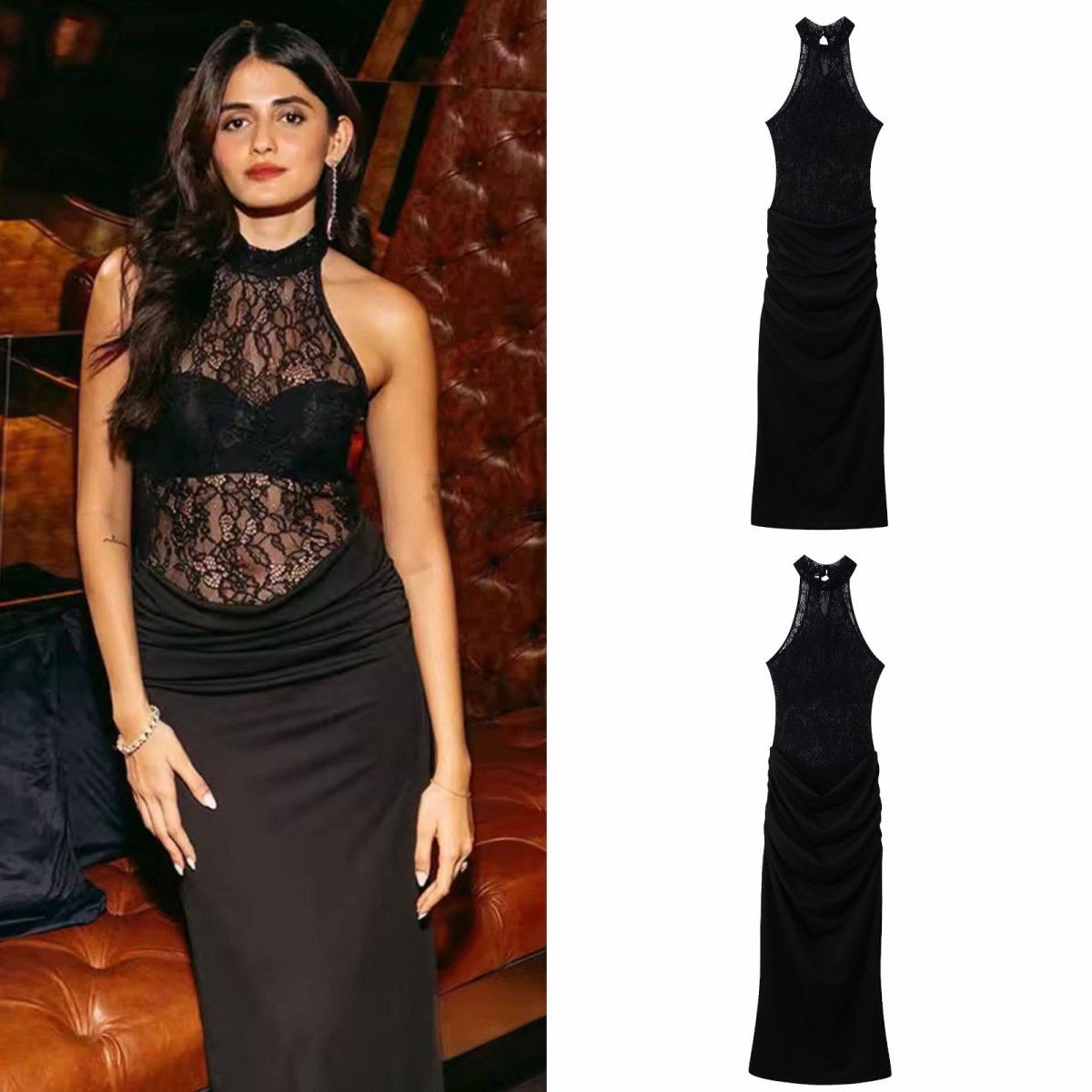 Fashionable and Casual Lace-mesh Spliced Knitted Long Dress with Halter Neck