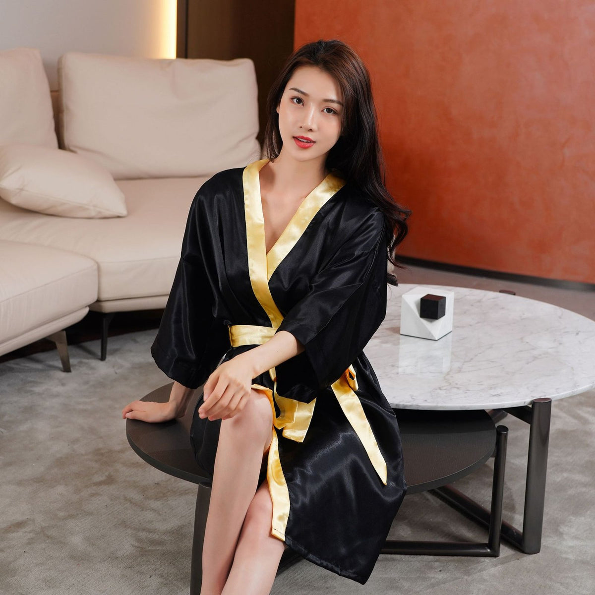 Solid-color Ice-silk Morning Robe Sexy Spliced Bathrobe