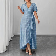 New Minimalist Elegant V-neck Midi Dress with Floral Print and Tie-up Detailing