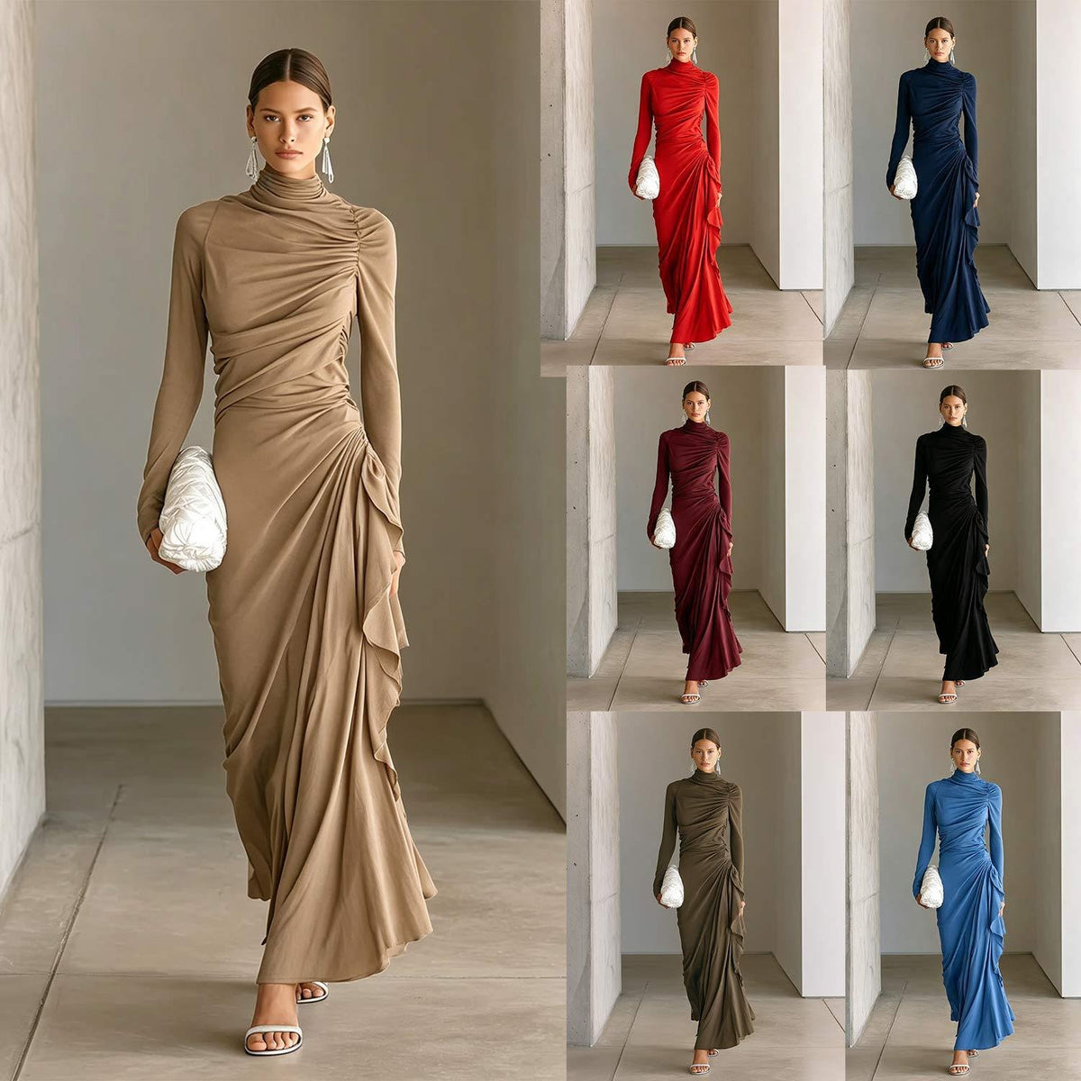 High-neck Pleated Slim-fit Elegant Draping Long-sleeved Hip-hugging Dress