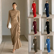 High-neck Pleated Slim-fit Elegant Draping Long-sleeved Hip-hugging Dress