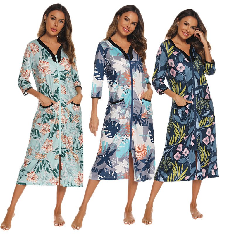 Comfortable Casual Loose Fit Three Quarter Sleeve Plus Size Printed Nightdress