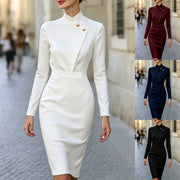 Womens Solid-color Long-sleeve Waist-cinching Stand-collar Side-lapel Sheath Dress