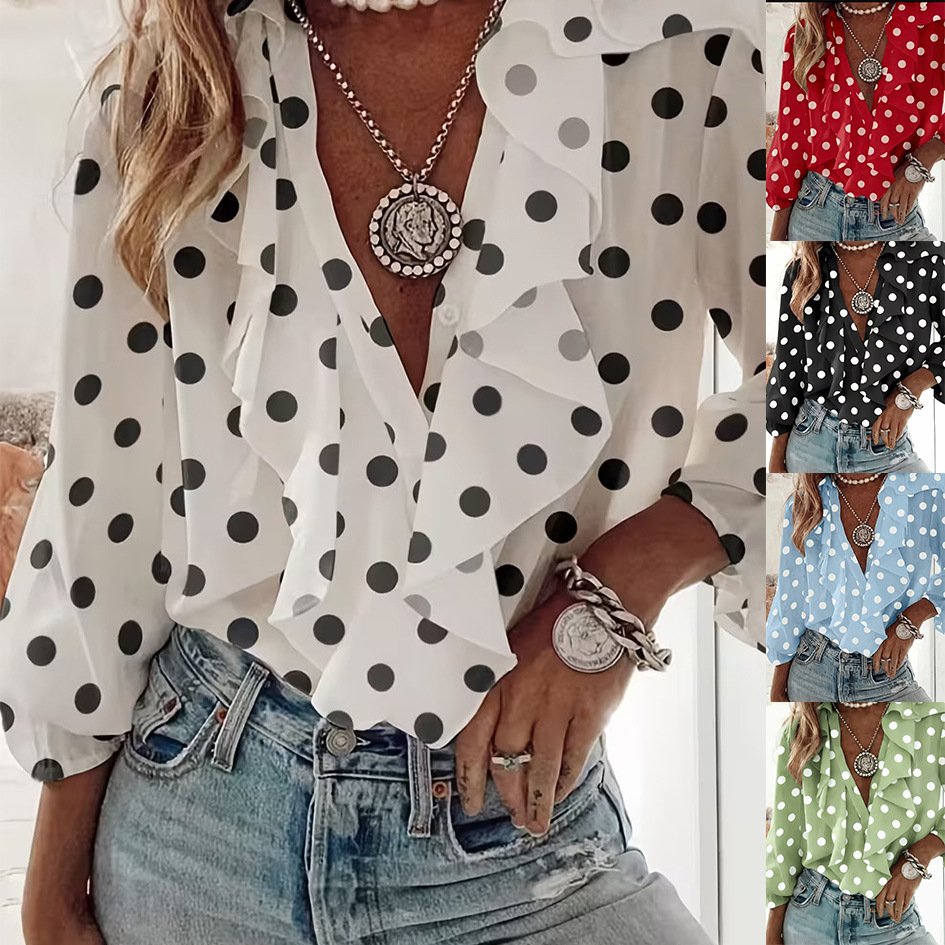 Polka Dot Ruffle Trim Long Sleeve Blouse for Women