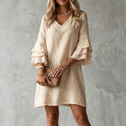 French-style Casual Solid-color Dress with a V-neck and Flared Ruffled Sleeves