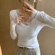 Women's Sheer Lace Trim V-Neck Shirt
