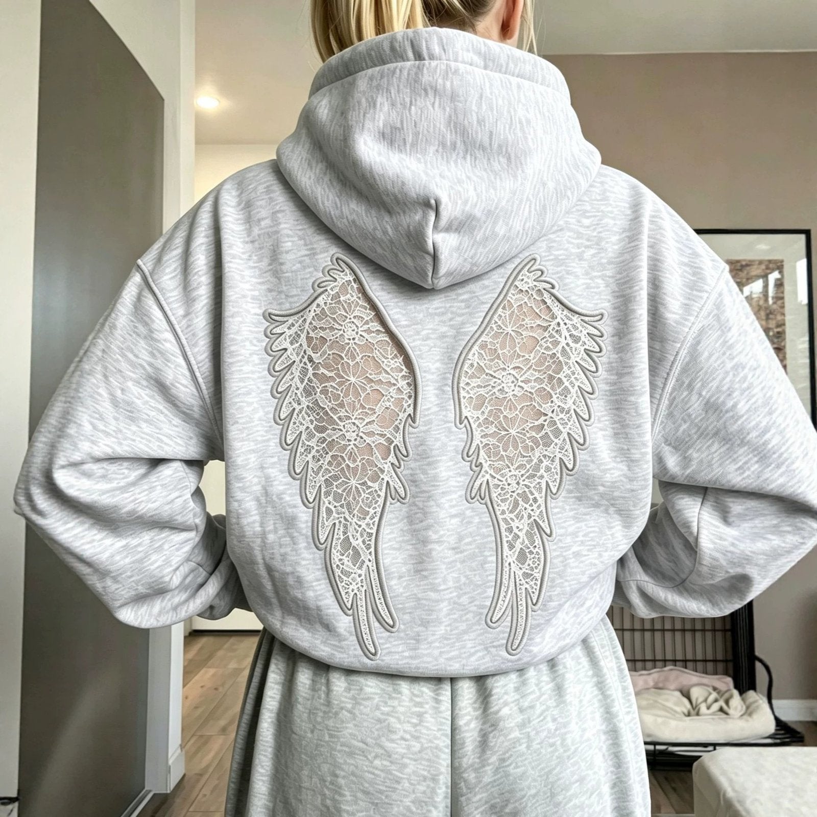 Cozy Winged Sweatshirt for Women - Lace Embroidery Long Sleeve Hoodie