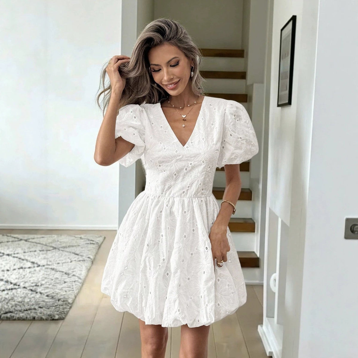 Hollow-out V-neck Embroidered Mini Bodycon Dress