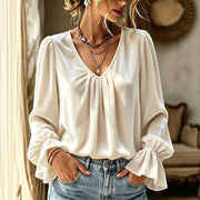Velvet Long Sleeve V-Neck Pleated Loose Fit Shirt for Women