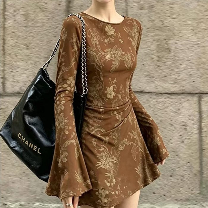 Beige Printed Long-sleeve French-style Dress