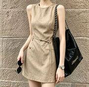 Waist-grazing Preppy-chic Khaki Linen Vest Dress
