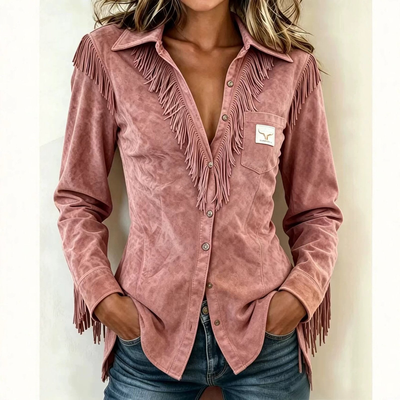 Vintage Long-Sleeve Suede Fringe Western Shirt