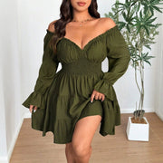 Fashionable Sexy Figure-hugging V-neck Waist-cinching Puff-sleeve Tiered Skirt Womens Short Dress