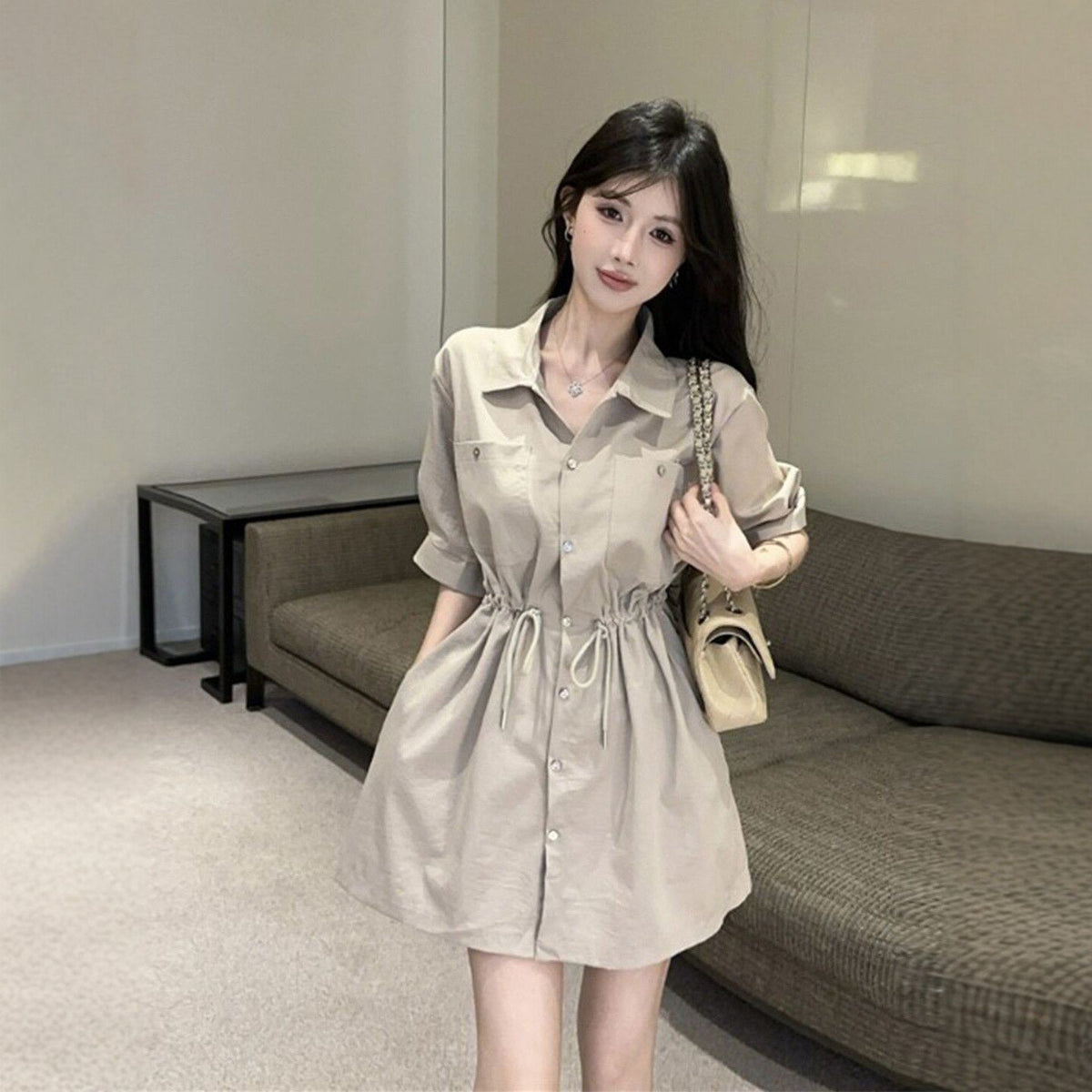 Elegant Blouse Waist-cinching, Figure-flattering Short-sleeve Drawstring Dress