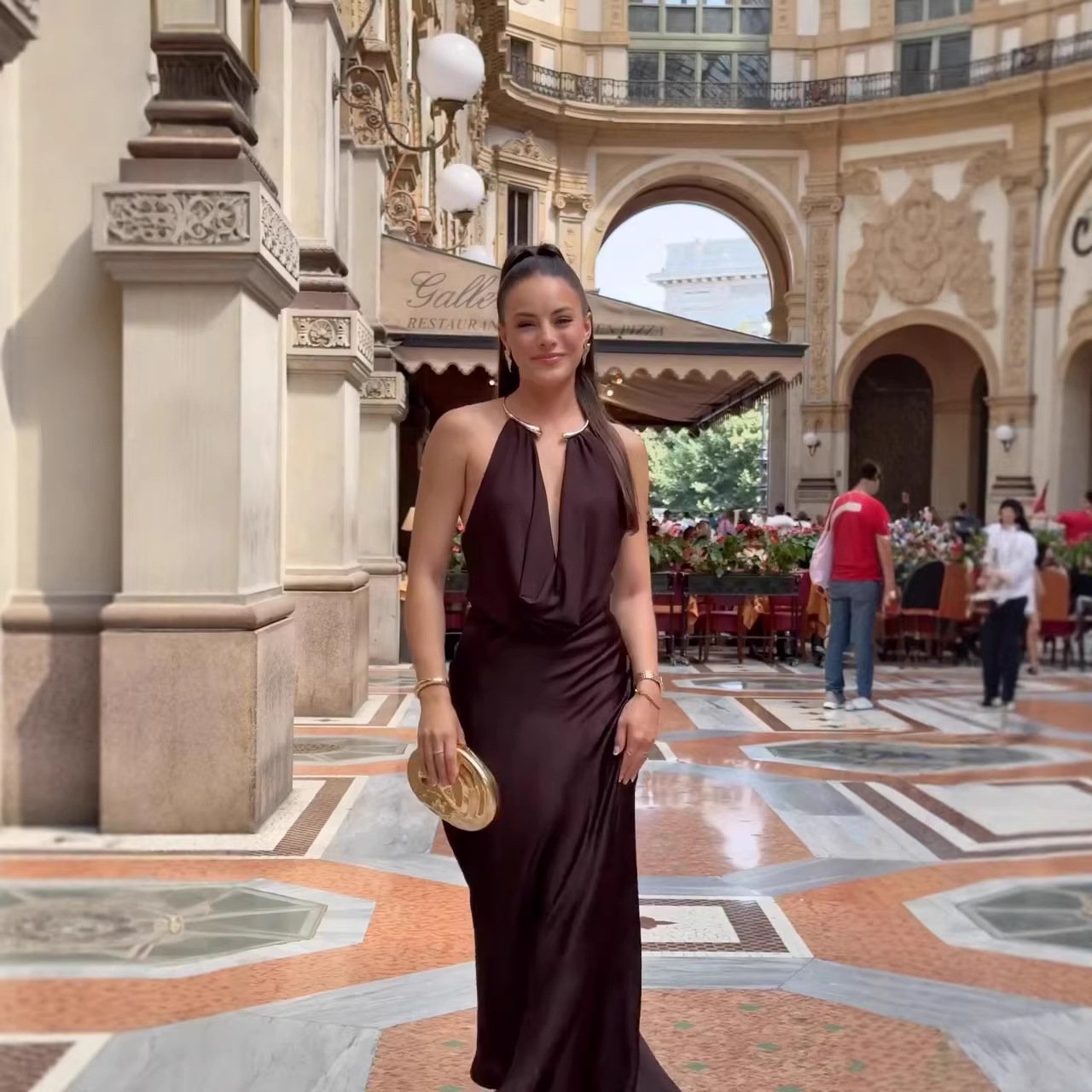Coffee Brown Satin Maxi Dress with Backless Halter Neck