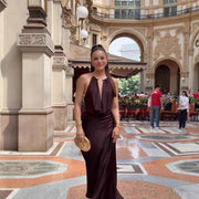 Coffee Brown Satin Maxi Dress with Backless Halter Neck