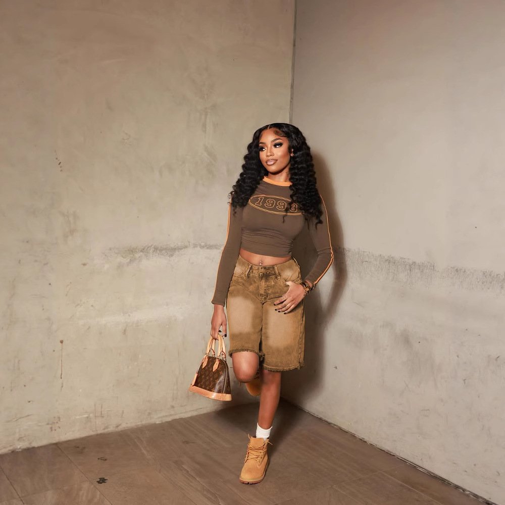 Khaki Loose-fit Fringed Casual Jeans for Women
