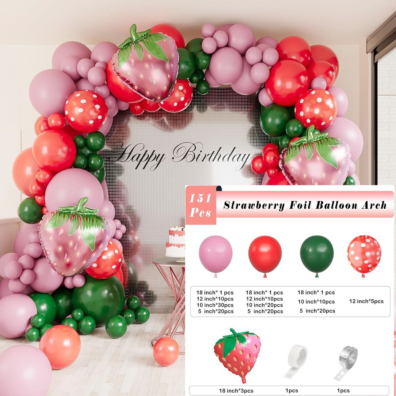 Strawberry Theme Balloon Set Birthday Party Decoration Kit