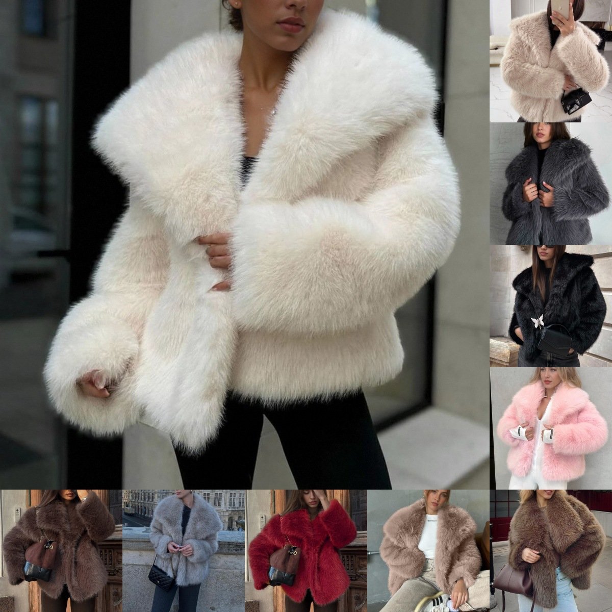 Women's Plush Short Coat with Faux Fur and Leather Details