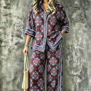 Summer Digital-Print Collar Top & Shorts Set for Women