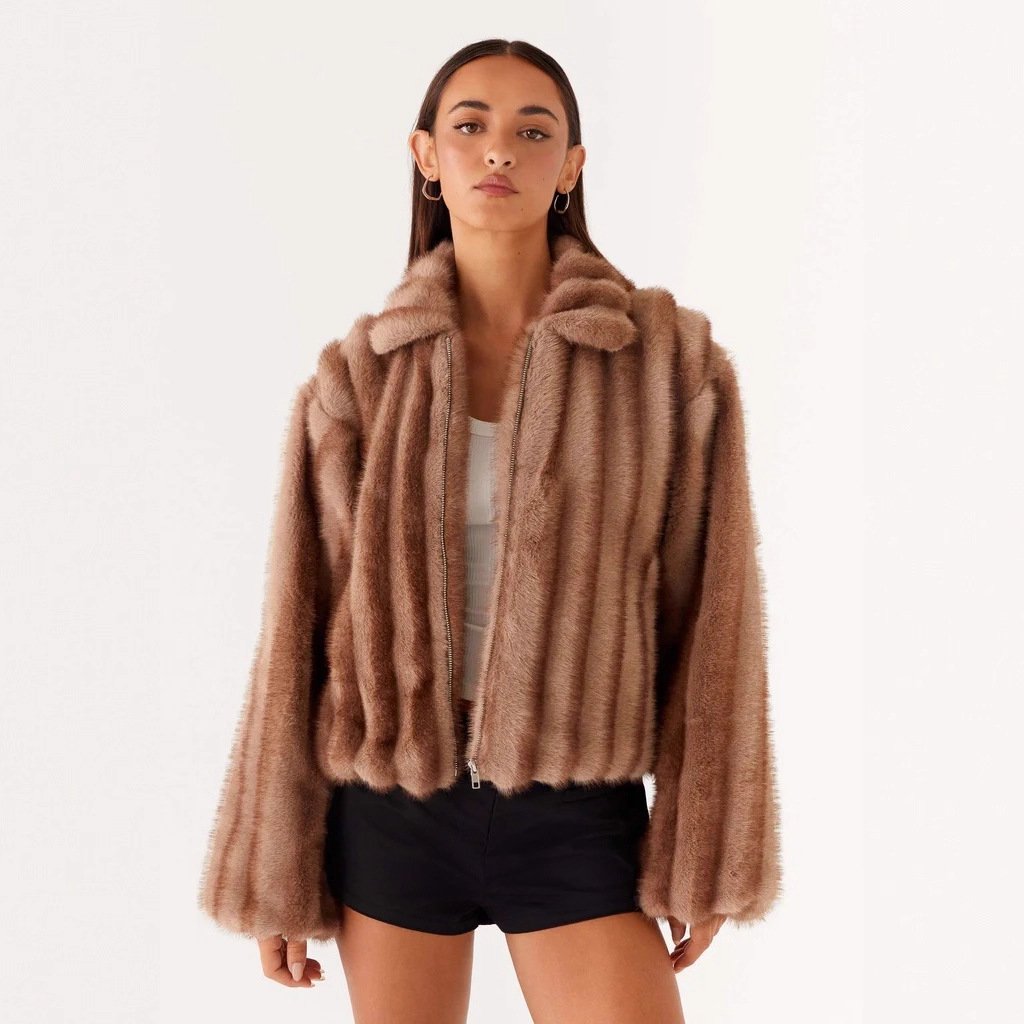 Warm Beige Faux Fur Coat for Women