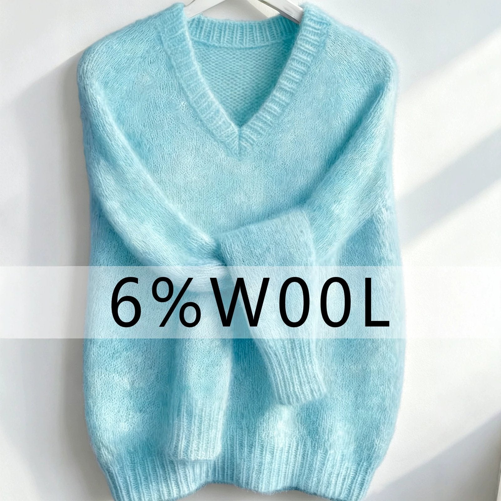 Sky Blue Simple V-Neck Knitted Sweater for Women