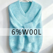 Sky Blue Simple V-Neck Knitted Sweater for Women