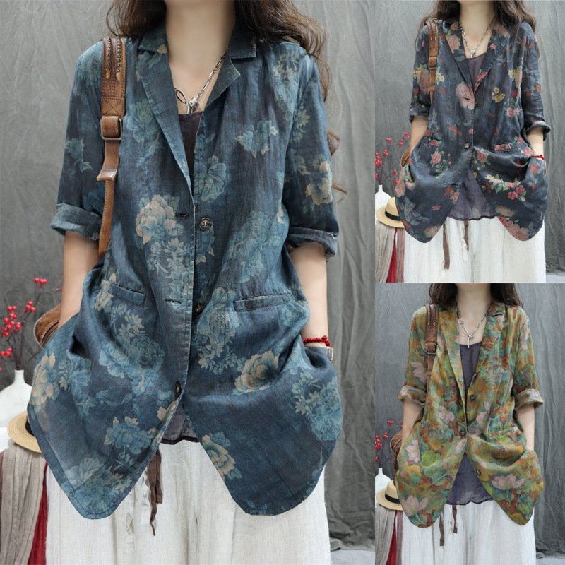Vintage Linen-Print Loose-Fit Suit for Women