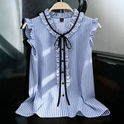 Slimming Sleeveless Top with Striped Ribbon Bow