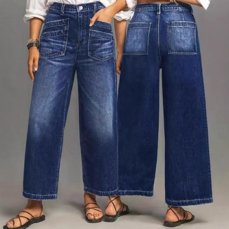 Retro Wide-Leg Dark Blue Jeans for Women