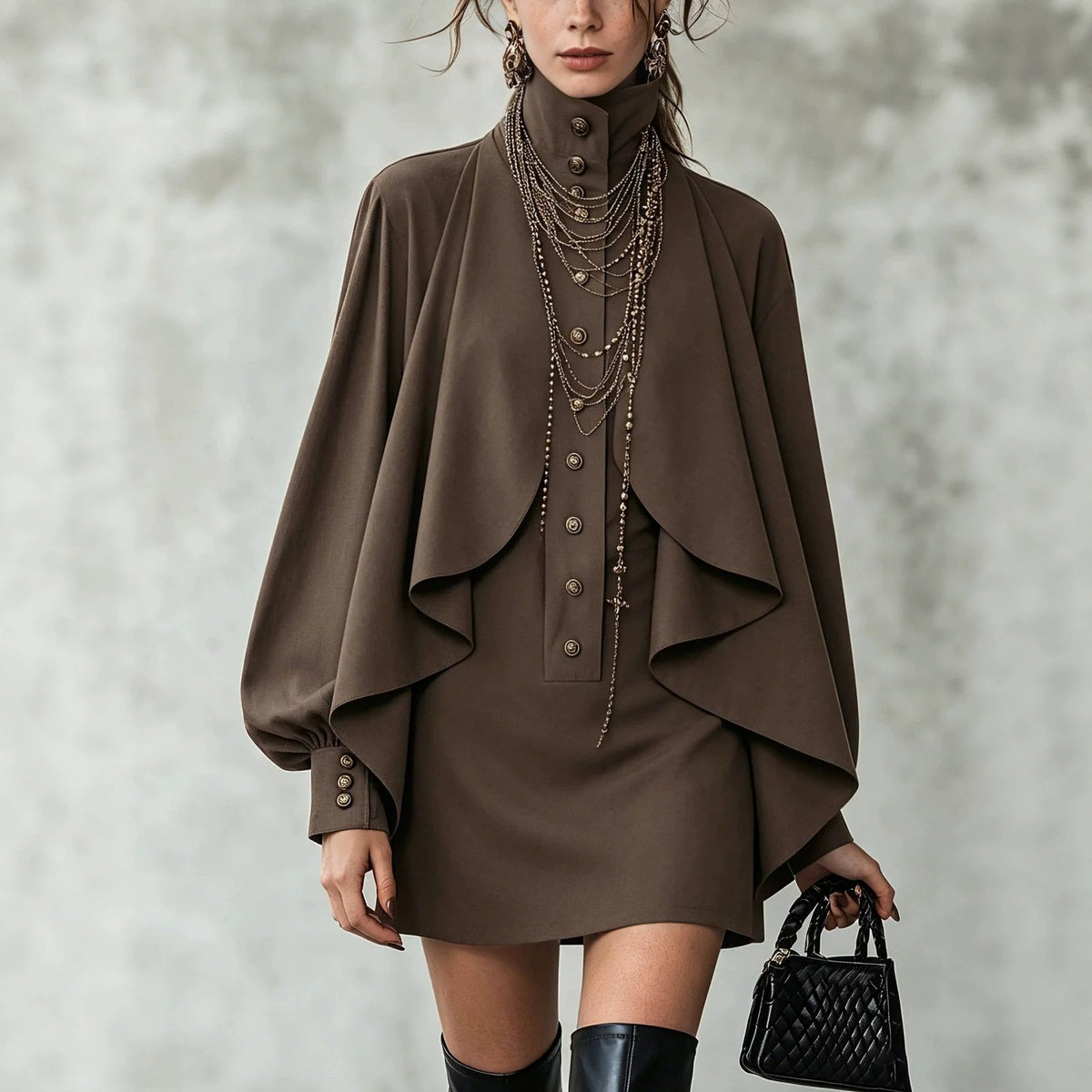 Stand-collar Shawl Puffed-sleeve Shirt Dress