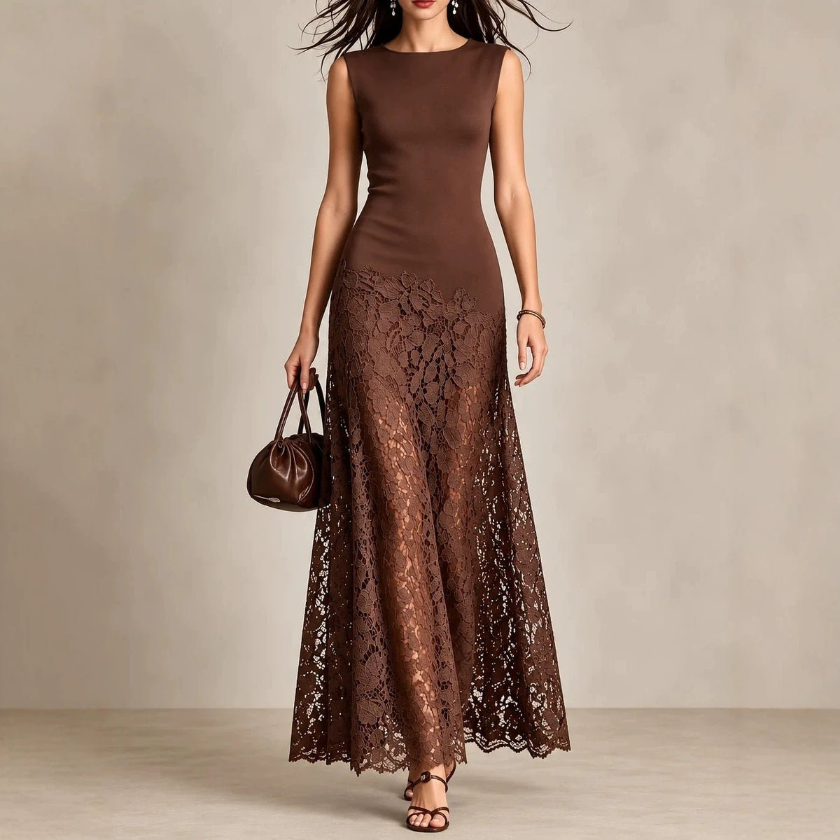 Retro Sleeveless Lace-patchwork Waist-cinching Long Dress