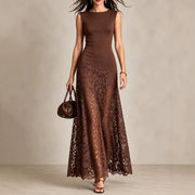 Retro Sleeveless Lace-patchwork Waist-cinching Long Dress