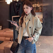 Short Beige Double-Breasted Trench Coat for Women