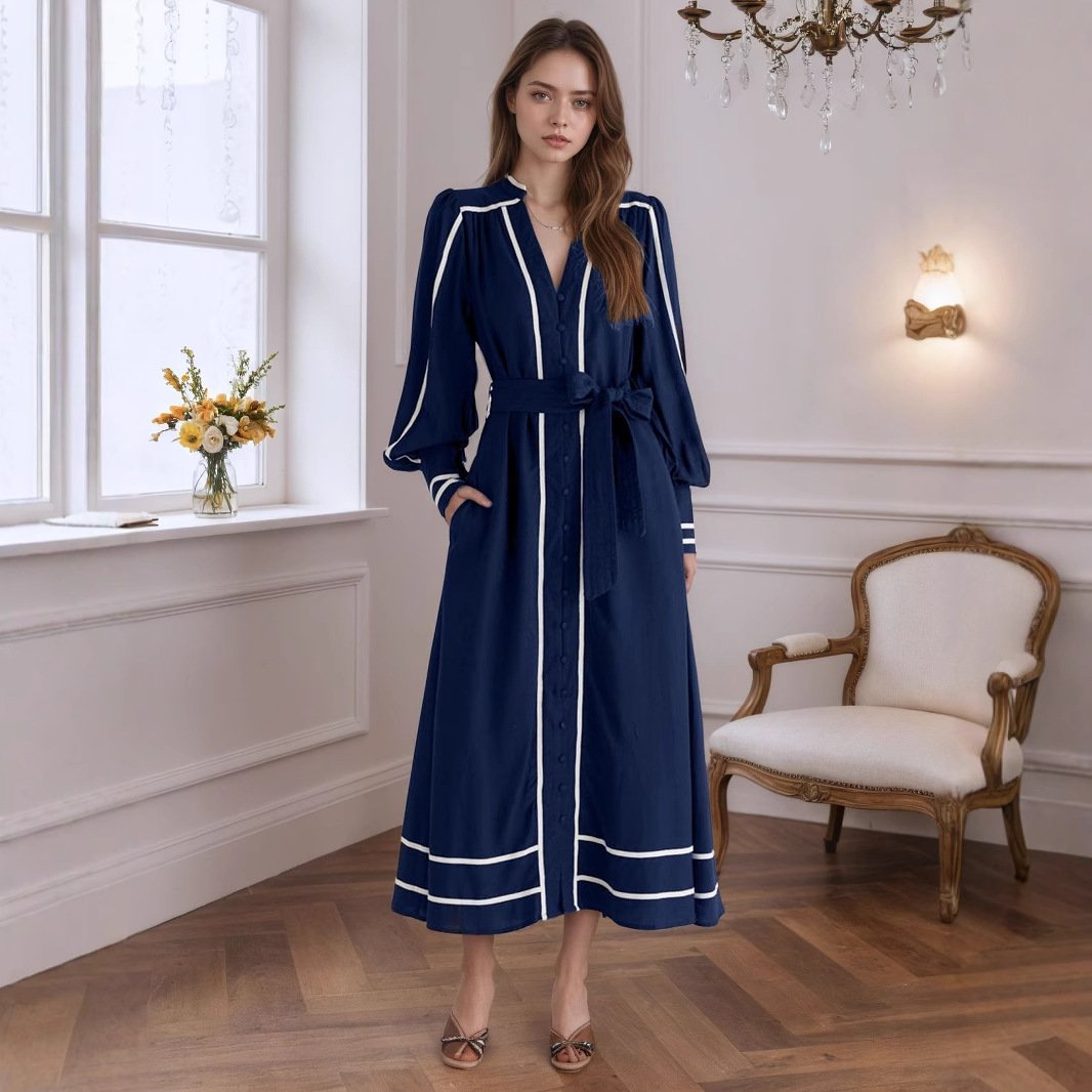Elegant Vintage European-american V-neck Lace-up Long Dress